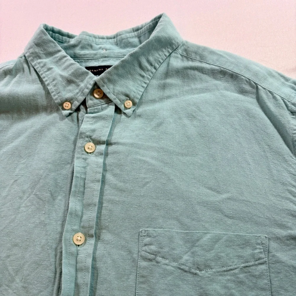 Banana Republic Button Down Shirt Mens XL Green Linen Cotton Blend Long Sleeve